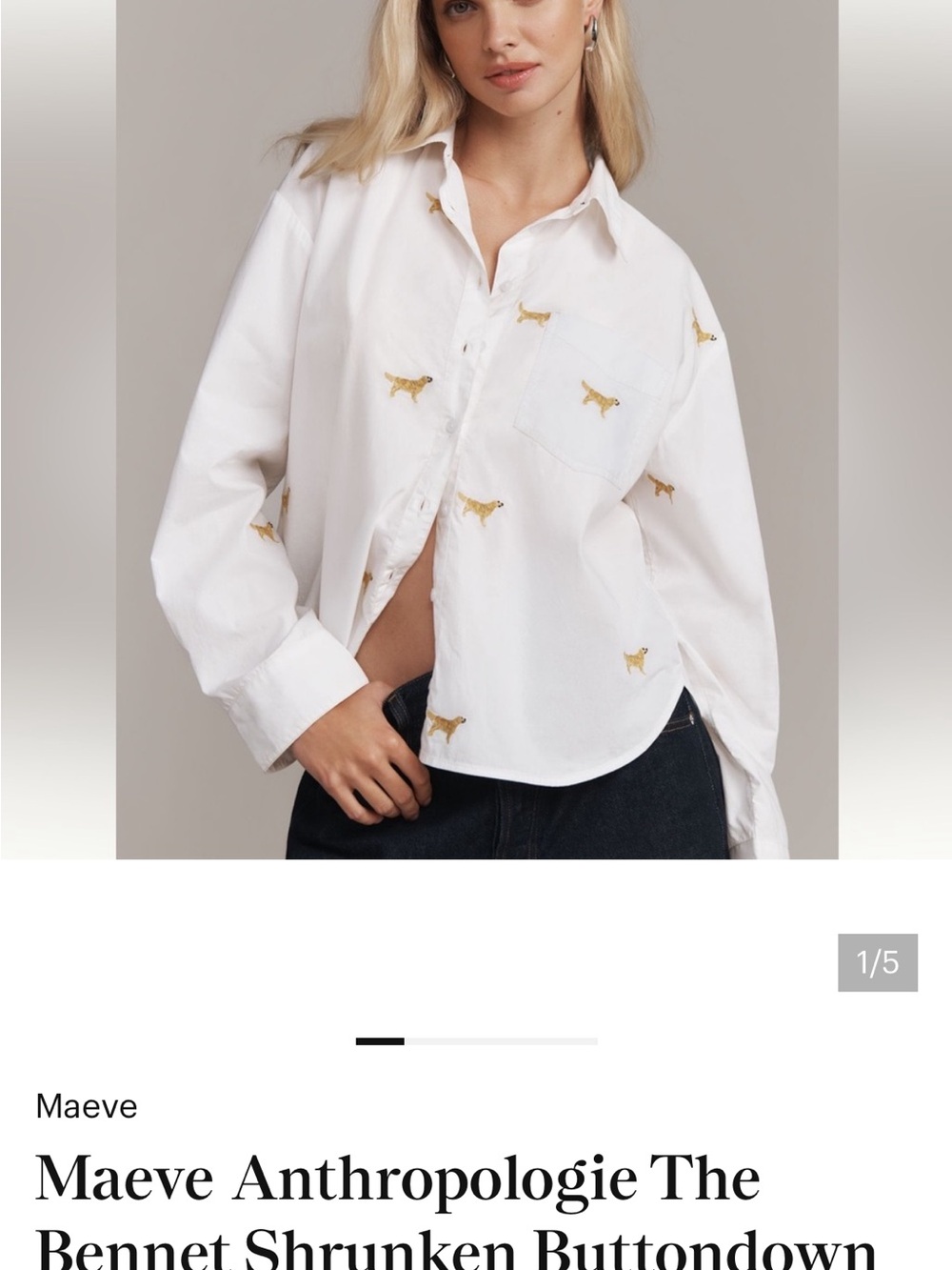 Maeve White Button-Down Shirt with Gold Dog Embroidery